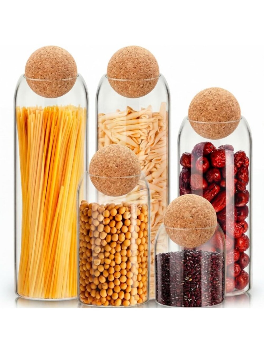5 Pack Classic Glass Jars with Spherical Cork Lids - Ideal for Storage & Decor